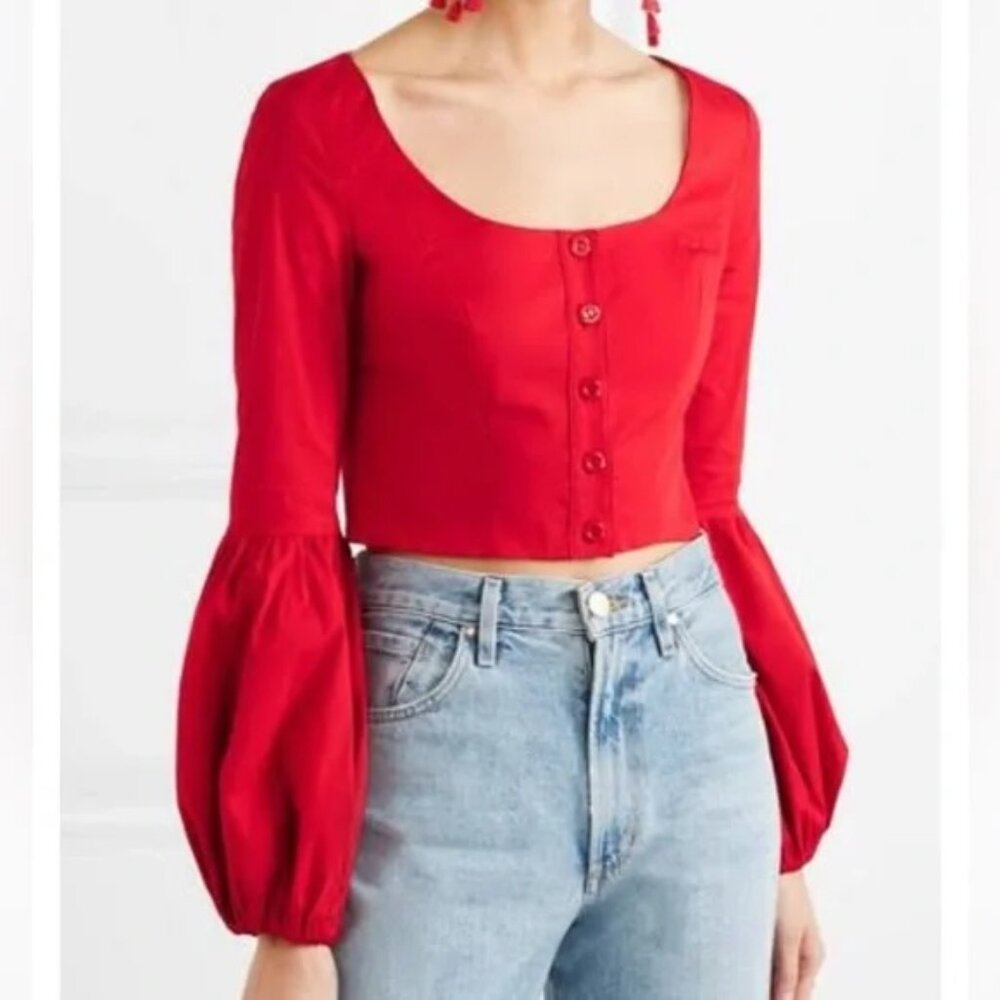 STAUD Red Poplin Long Sleeve "Monica" Cropped Top / Size Small